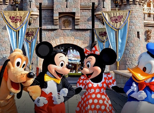 Disney characters in front of the castle in Anaheim, CA